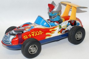Extremely rare lithographed tin, friction-powered Japanese Great Mazinger Z race car made by Masudaya, Japan. Continental Hobby House image