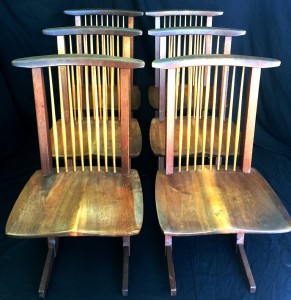 Set of six Nakashima conoid walnut chairs. B. Langston’s LLC image