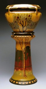 Roseville jardinière with pedestal, artist-initialed ‘H.S.’ (Helen Smith) and ‘E.D.,’ 33 inches tall, est. $1,000-$1,500. Morphy Auctions image