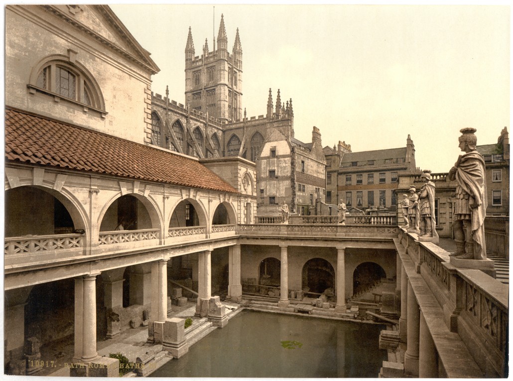 A turn of the 20th century photochrom of the Roman Baths in Bath, England. Image courtesy of Wikimedia Commons.