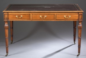 Circa-1800 George III double-sided library writing table, mahogany with mahogany veneers and pine as the secondary wood, attributed to J. Taylor. Estimate: $8,000-$12,000. Quinn & Farmer image