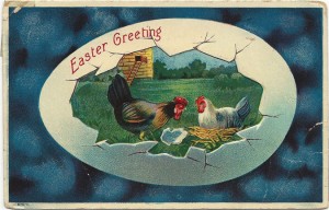 Bold colors and the eggshell border make this farmyard vignette stand apart from the other Easter postcard greetings. It’s postmarked April 18, 1911, Minneapolis, Minn. Karen Knapstein image, courtesy of Antique Trader