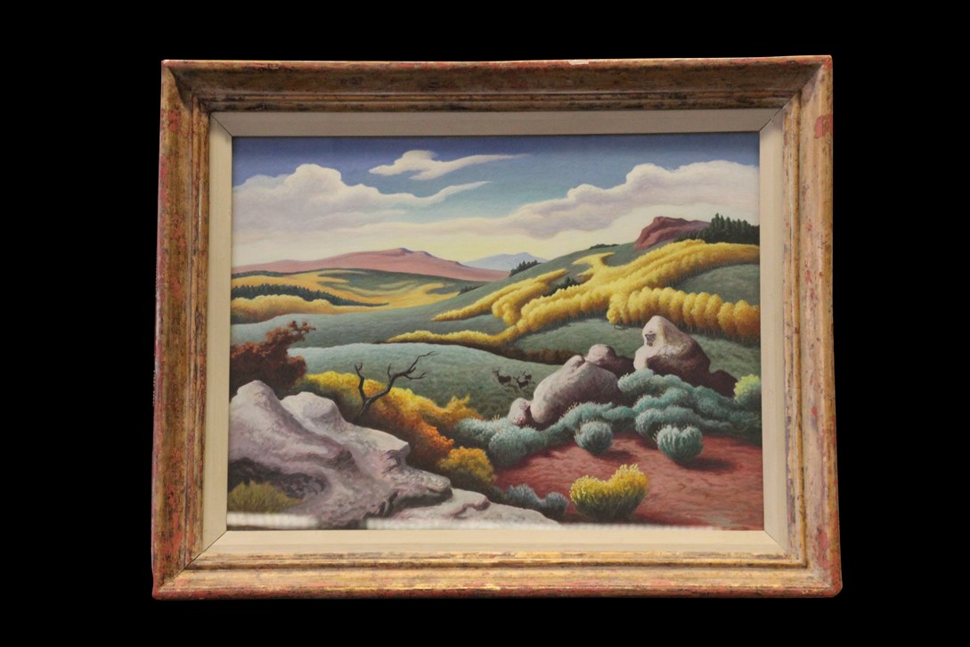 Thomas Hart Benton, American (1889–1975). 'Utah Highlands,' 1954. Gouache on paper mounted to board, 21 x 28 inches (53.3 x 71.1 cm). Lent by the Shawnee Mission School District, Shawnee Mission, Kansas. Art © T.H. Benton and R.P. Benton Testamentary Trusts/UMB Bank Trustee/Licensed by VAGA, New York, NY