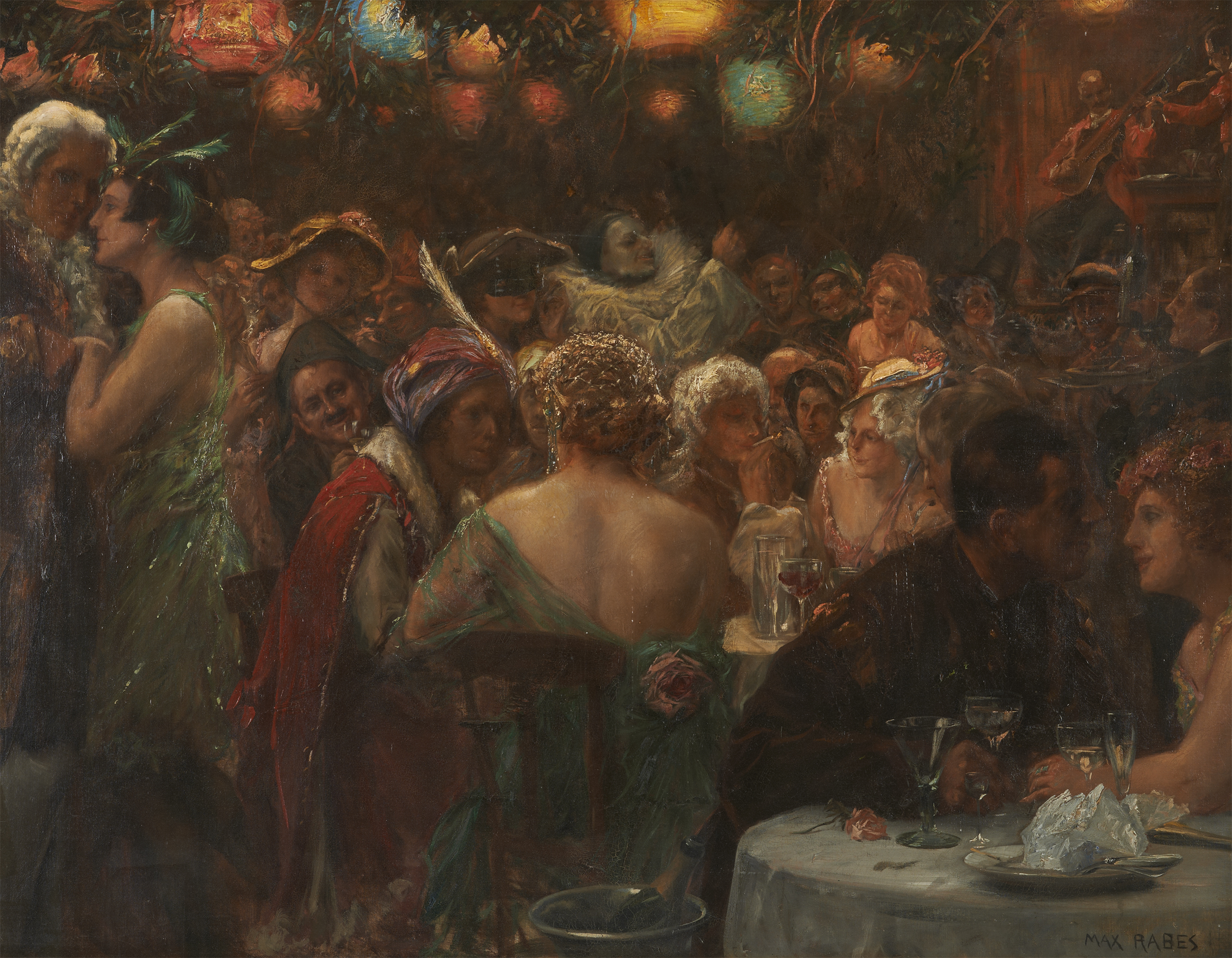 A painting by Max Friedrich Rabes (German, 1868-1944) ‘The Costume Ball,’ oil on canvas, 46 3/4in x 61in, sold for $49,200. New Orleans Auction Gallery images