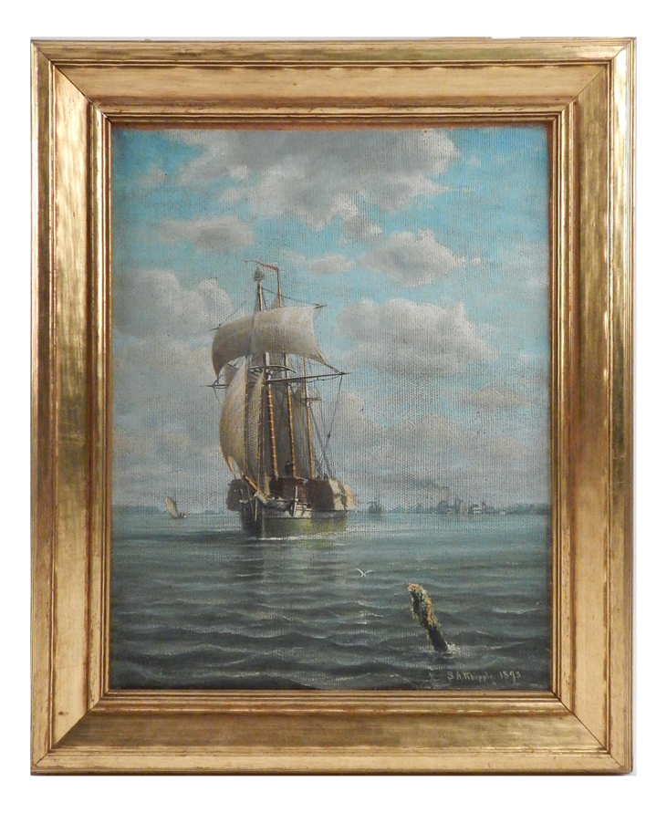 From the estate of Angelo Pace, former owner of Chelsea Mews Antiques, is this oil on canvas painting of a merchant ship after Seth Arca Whipple. It is signed and dated 1893. Framed, the painting measures 17 1/2in x 14 1/2in. Estimate: $3,000-$5,000. Roland Auctions NY images