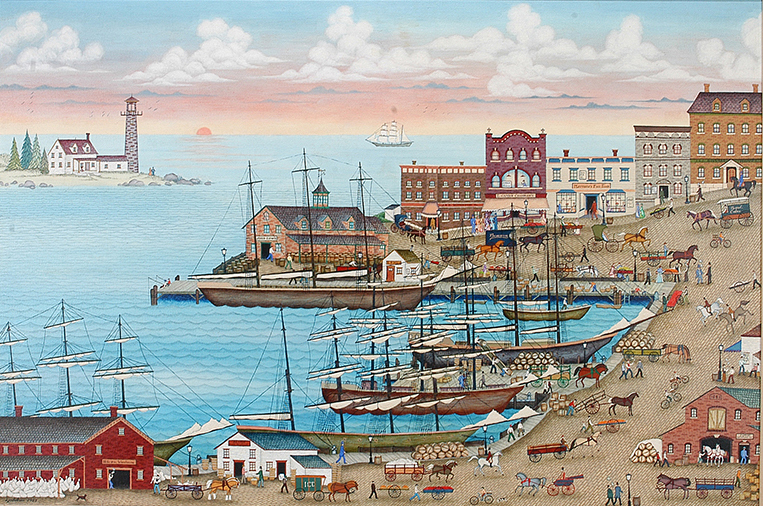 Kathy Jakobsen's oil on canvas titled 'Sunrise on the Harbor,' 1981, was the cover illustration for 'American Folk Art of the Twentieth Century' by Jay Johnson and William Ketchum Jr. Estimate: $20,000-$30,000. Slotin Folk Art images