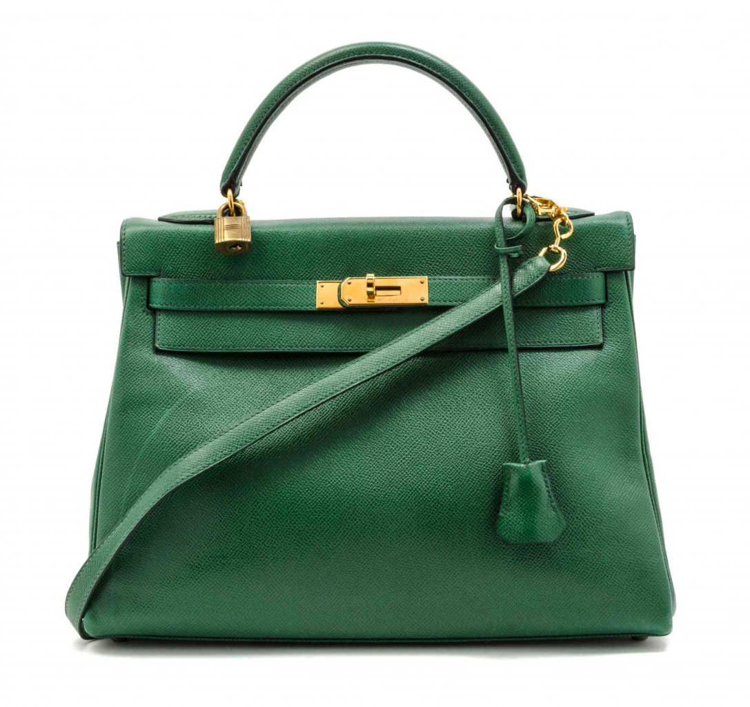 Hermes green leather Kelly bag, 1990,12 1/2 x 9 x 4 1/2 inches. Estimate: $3,000-$5,000. Leslie Hindman Auctioneers image.