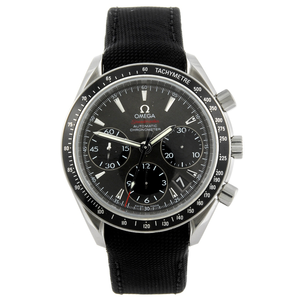 Omega Speedmaster chronograph wristwatch, numbered 85494721, stainless steel case fitted to a signed back fabric strap. Estimate: 1,000-1,500 pounds ($1,481-$2,221). Fellows images.