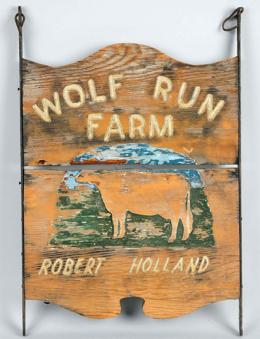 Handmade, handpainted sign for Wolf Run Farm, est. $100-$300. Morphy Auctions image