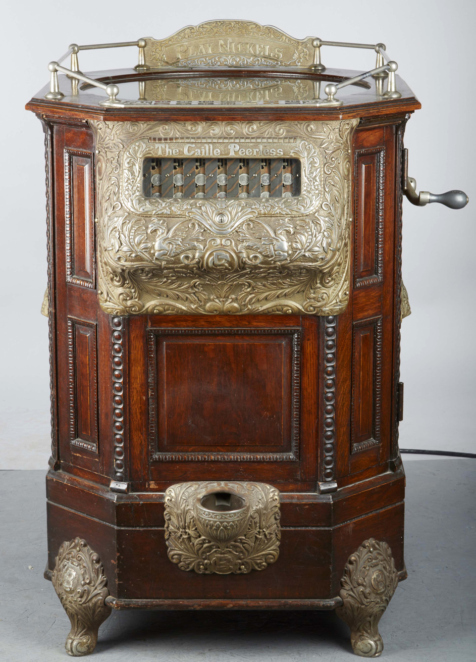 Caille Peerless 5-cent floor roulette slot machine, circa 1900, glass and wheel in mint original condition. Estimate $200,000-$250,000. Morphy Auctions image