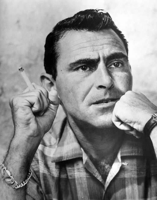 Publicity photo portrait of Rod Serling for the premiere of the television program 'The Twilight Zone' in 1959. Image courtesy of Wikimedia Commons