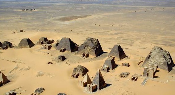 Aerial view of the Nubian pyramids at Meroe in 2001. B.N. Chagny image. This file is licensed under the Creative Commons Attribution-Share Alike 1.0 Generic license.