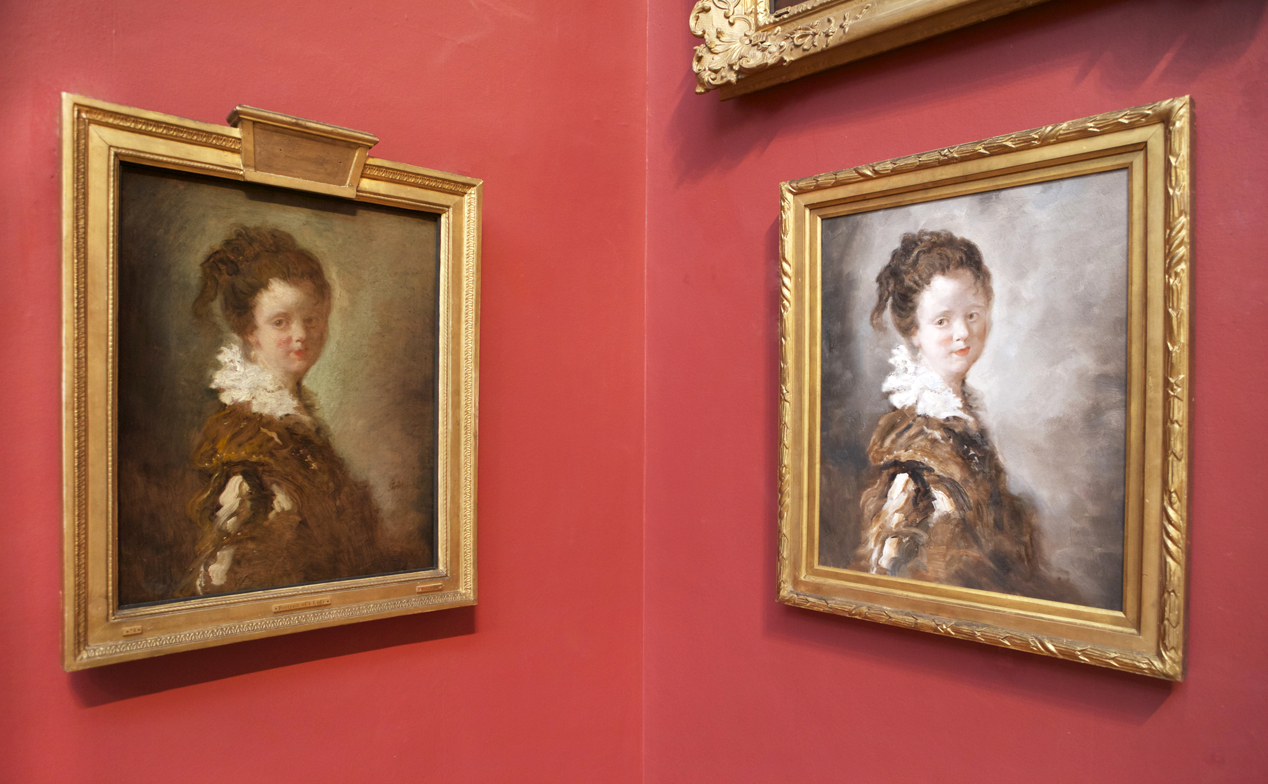The differences between the authentic Fragonard (left) and the 'Made in China' replica are readily apparent when hung side by side. Dulwich Picture Gallery image