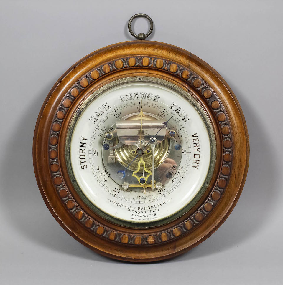 Late Victorian aneroid barometer by J. Casartelli, Manchester, England, valued at 200-300 pounds ($305-$458). Photo The Canterbury Auction Galleries