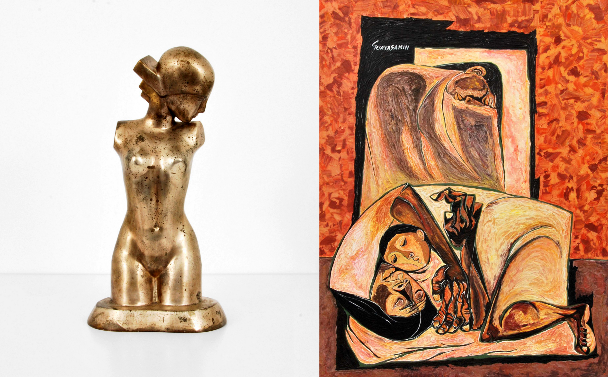 Boris Lovet-Lorski (Lithuanian, 1894-1973) Art Deco sculpture, ex Musee Luxembourg, $7,930; and Oswaldo Guayasamin (Ecuadorian, 1919-1999), original painting with COA from the Foundation Guayasamin, $39,040. Palm Beach Modern Auction image