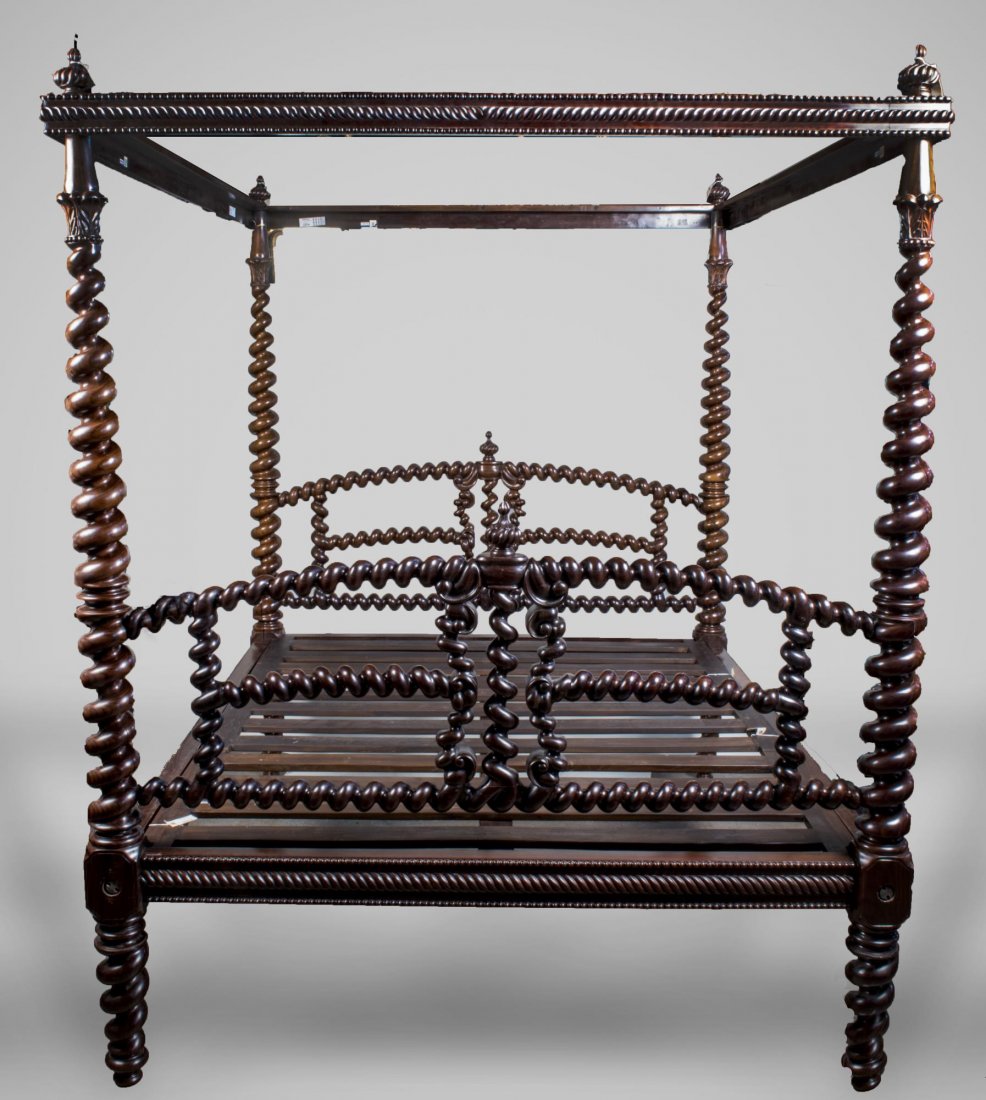 This Anglo Indian rosewood four-poster bed laden with barley-twist carving sold for $3,000. Capo Auction images