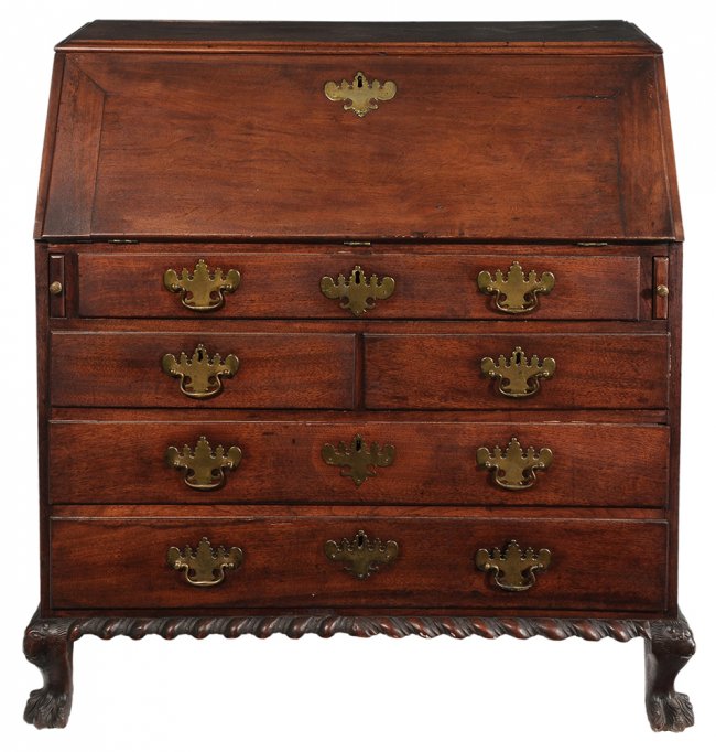 This mahogany desk is attributed with certainty to Robert Walker (1710–1777) of King George County, Va., circa 1750. Brunk Auction images