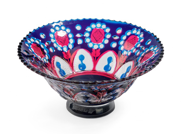 A rare three-colored glass bowl, cut from both sides, designed and probably made by Joseph Simon for Val St. Lambert, Belgium, circa 1928.