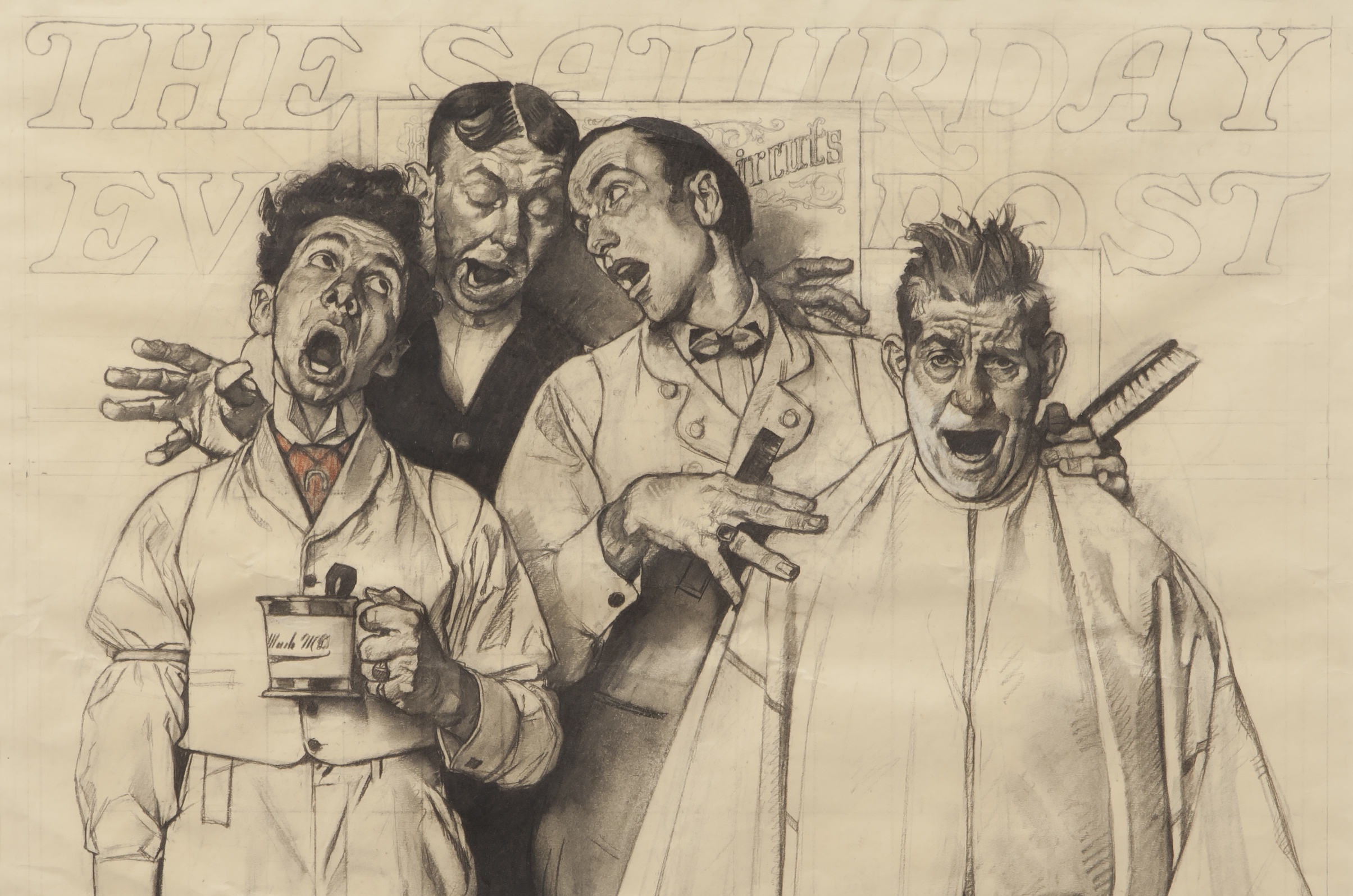 Detail of 'Barbershop Quartet' by Norman Rockwell, charcoal and colored pencil on paper. Estimate $100,000-$150,000. Dallas Auction Gallery images