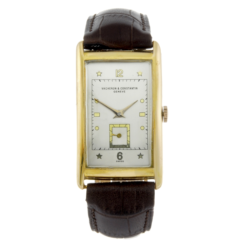 Lot 406, the Vacheron Constantin, has a vintage look with a rectangular yellow metal case stamped 18K and uncluttered silvered dial. Estimate: £2,500 - £3,000. Fellows images
