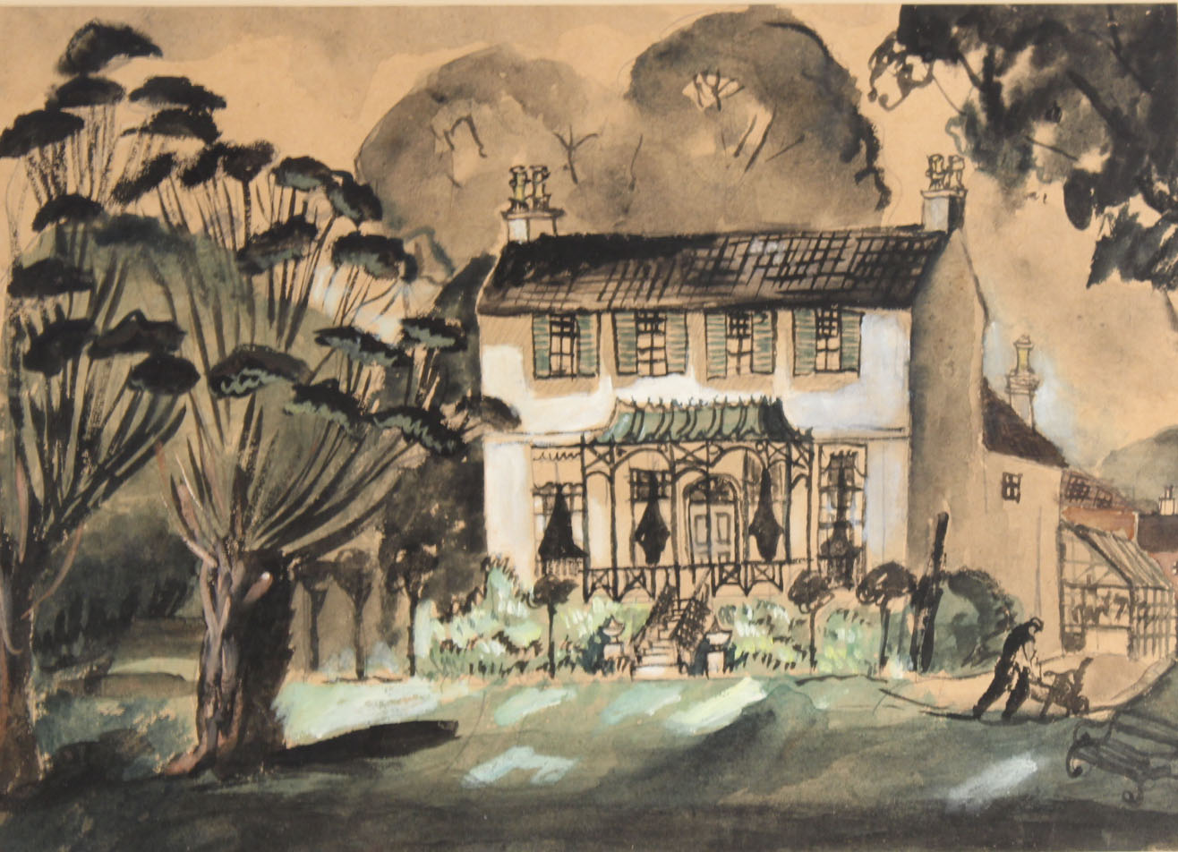 Watercolor of a house, Christopher Wood (English, 1901-1930). Appears to be unsigned; bears label verso. Nye & Company images.