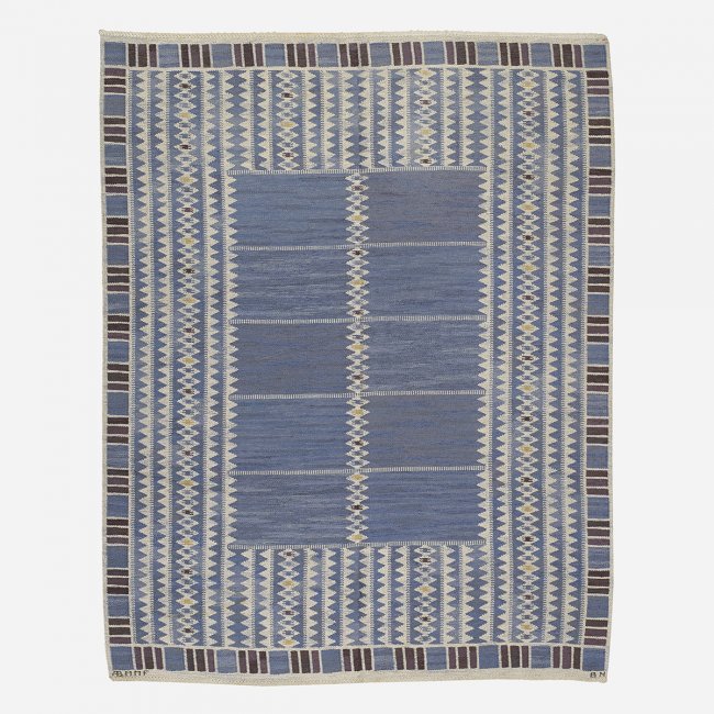 This Barbro Nilsson Salerno flatweave carpet of hand-woven wool, Marta Maas-Fjetterstrom AB, Sweden, 1948, measures 86 by 108 inches. It is estimated at $20,000-$30,000. Wright images