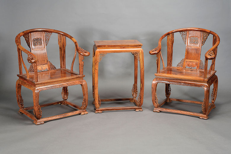 A three-piece huanghuali furniture set, late 20th century, is estimated at $20,000-$30,000. Michaan's images