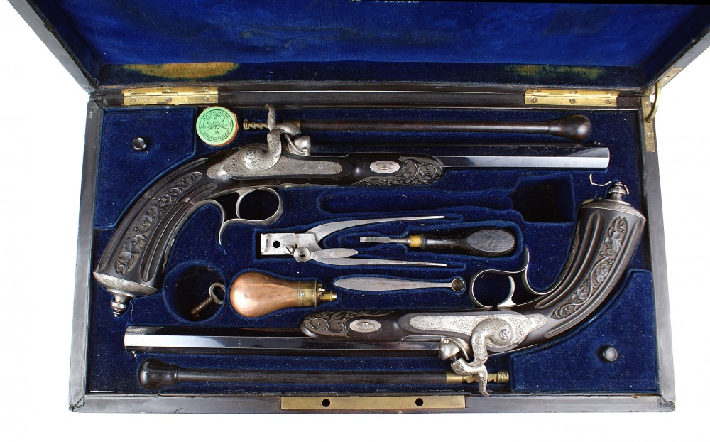 This fine set of circa 1840-1850 cased percussion pistols was presented to 19th century French military and political leader Jacques Louis Randon (minimum bid: $7,000). Mohawk Arms, Inc. image