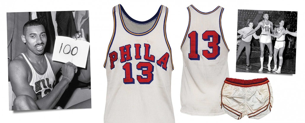 Wilt Chamberlain game-used Philadelphia Warriors home uniform from 1961-62 NBA season featuring legendary 100-point performance. Sold for $130,054; record price for a Wilt Chamberlain jersey at auction. Grey Flannel Auctions image