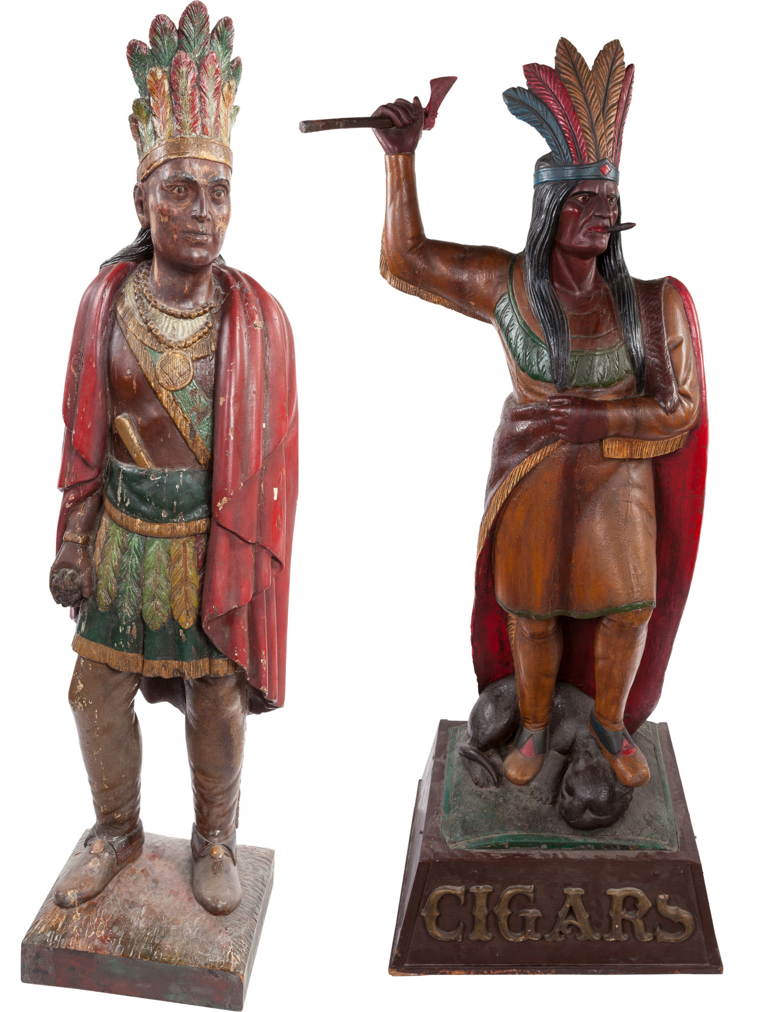 A diverse group of tobacconist trade figures sold for a combined $161,250, led by a 75-inch-tall Indian chief (left) in the style of Julius Melchers, which sold for $45,000. An impressive smoking Indian holding a tomahawk sold for $42,500.  Heritage Auctions image