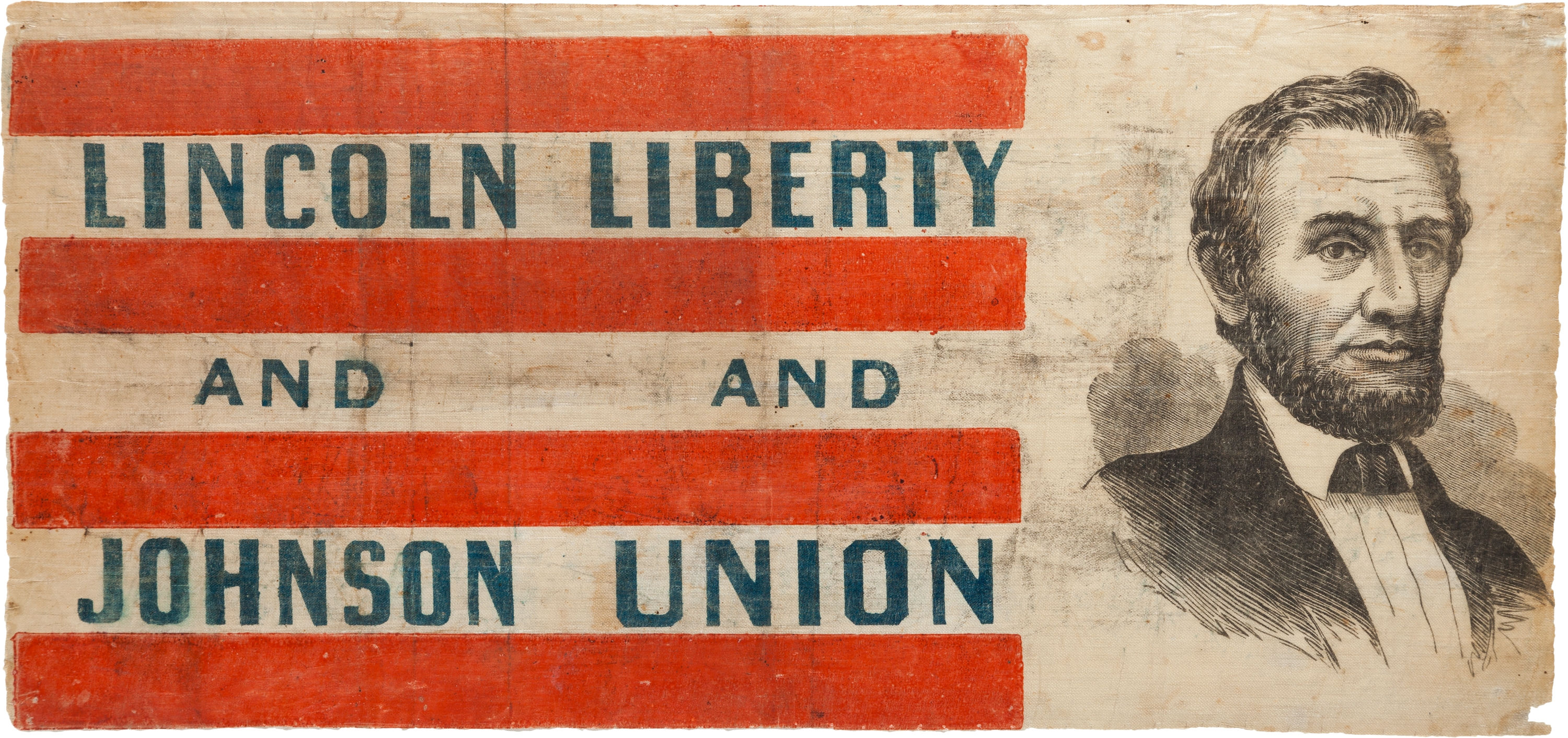 This 1864 Lincoln and Johnson campaign banner sold for $106,2590, breaking an auction record for a Lincoln portrait flag that had stood for eight years. Heritage Auctions image