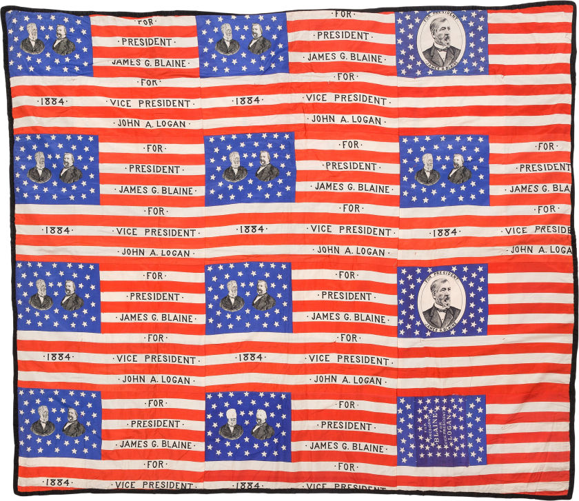 A remarkable quilt composed of eight silk 1884 jugate campaign flags, featuring the 1884 Republican presidential candidate James G. Blaine and his vice presidential running-mate John A. Logan, realized $18,750. The reverse side is a colorful crazy quilt. Heritage Auctions image