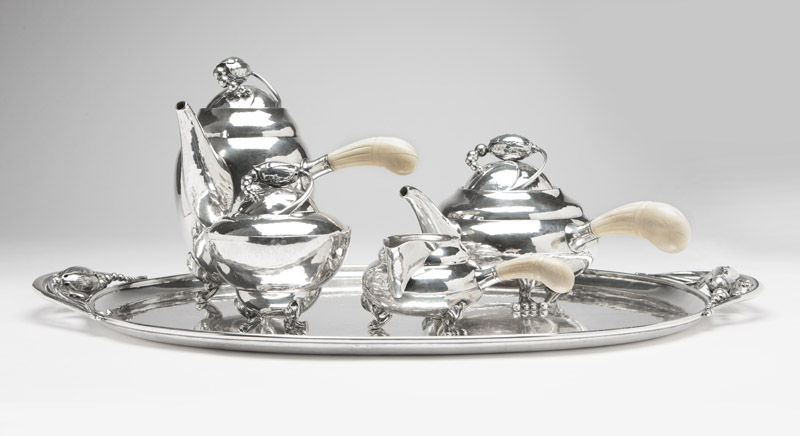 A stunning Georg Jensen sterling silver coffee and tea service is one of a number of hollowware pieces by the celebrated Danish maker set to go under the hammer at Moran’s June auction. The five-piece set, executed in Jensen’s 1908 Blossom pattern, is expected to earn $10,000- $15,000. John Moran Auctioneers image