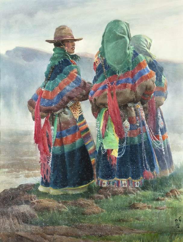 A watercolor composition by Chinese painter Ha Ding (1923-2003), depicting rural Tibetan women dressed in their finest clothing, is offered with a $60,000 to $70,000 estimate. John Moran Auctioneers image