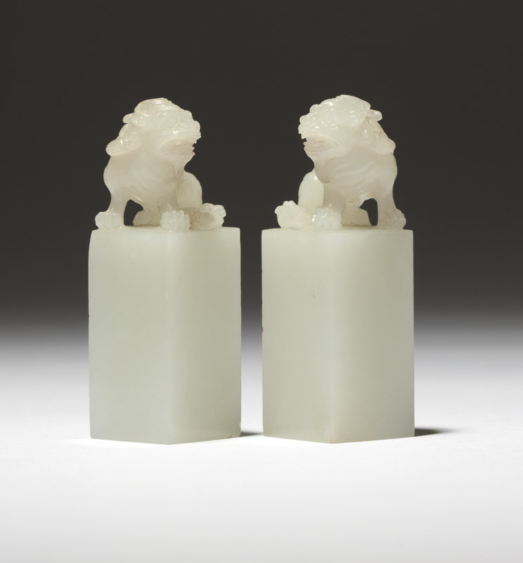 Offered with a conservative estimate of $10,000 to $15,000, these white jadeite seals hail from the Joan Irvine Smith Asian Art Collection. John Moran Auctioneers image 