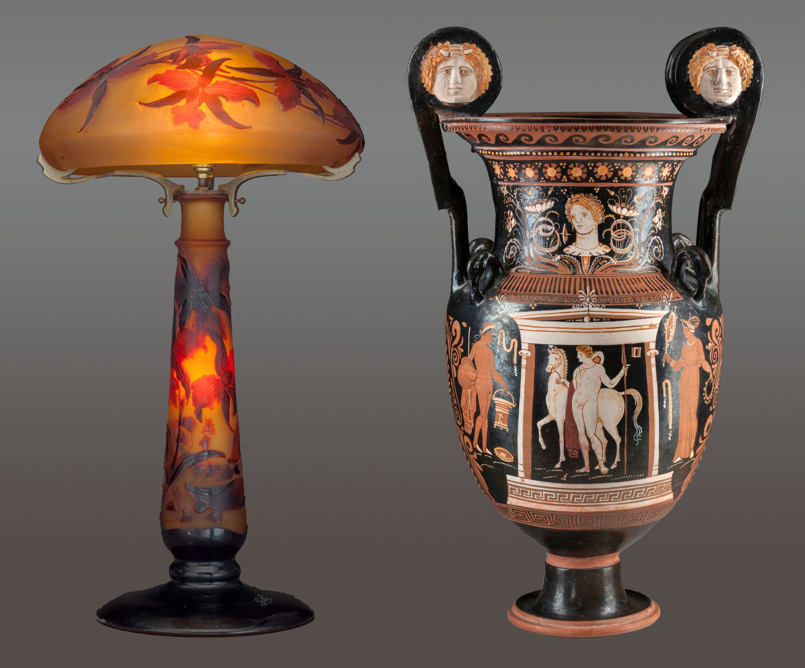 Gallé overlay glass Iris study lamp (left), circa 1900, shade and base marked, 22 inches high (est. $40,000-$60,000) and an Apulian red-figured volute-krater, attributed to the Group of Copenhagen 4223, circa 340-320 B.C., 27-1/2 inches high (est.: $35,000-$45,000). Heritage Auctions images