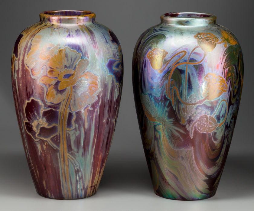 Impressive pair of Weller Sicard luster glazed pottery vases, Zanesville, Ohio, circa 1905, marked: ‘Sicard, Weller,’ 22 inches high (est. $10,000-$15,000). Heritage Auctions images