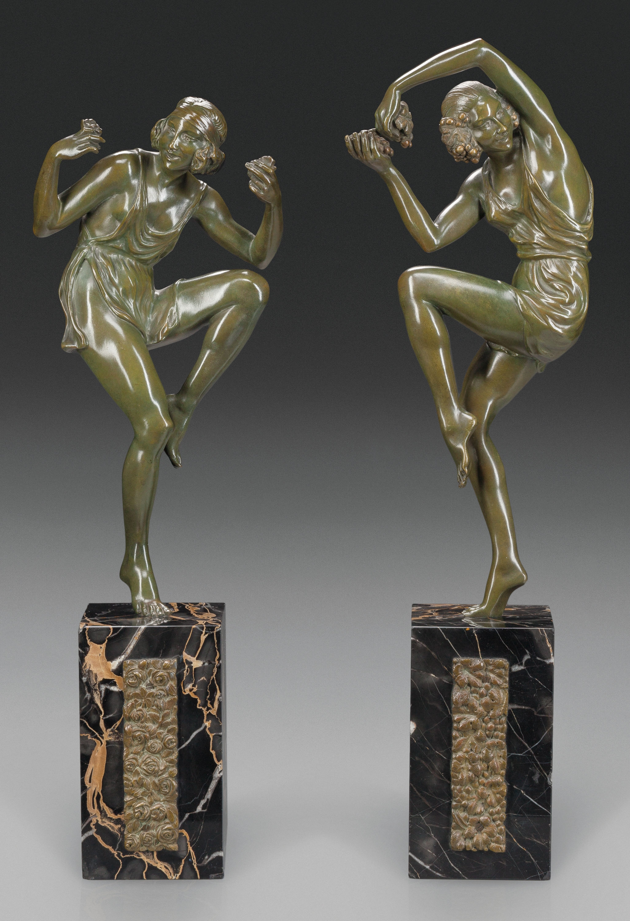 From the estate of Richard Wright is this pair of Art Deco bronze dancers by Pierre Laurel, 13 1/2 inches high on 6-inch marble bases (est. $4,000-$6,000). Heritage Auction image