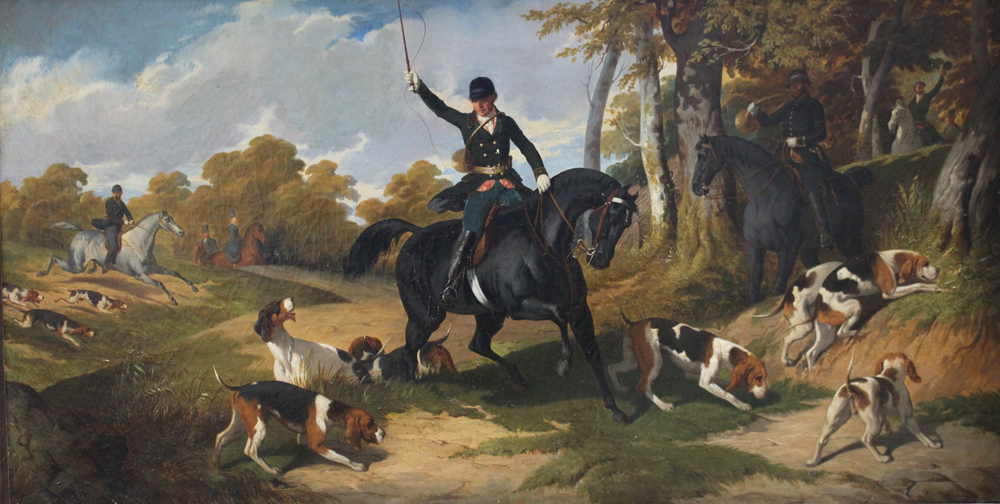 In the circle of Alfred Dedreux (1810-1860), one of a pair of hunting scenes, oil on canvas, framed, 100 x 50cm. Estimate: 1,600-2,500 euros. Deutsch Auctioneers image