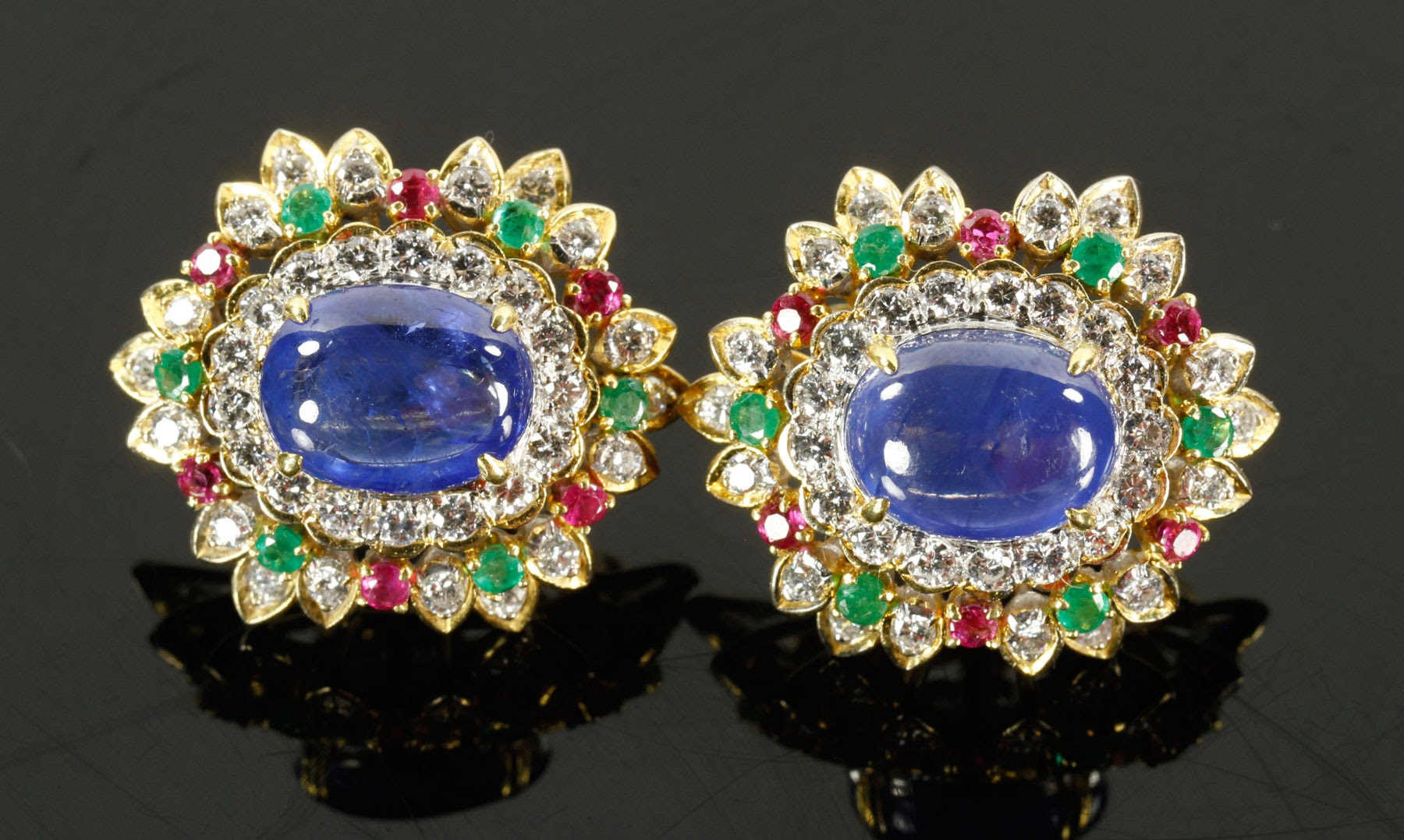 Gold earrings, 18K gold, set with cabochon sapphires, diamonds, rubies and emeralds. Kaminski Auctions image
