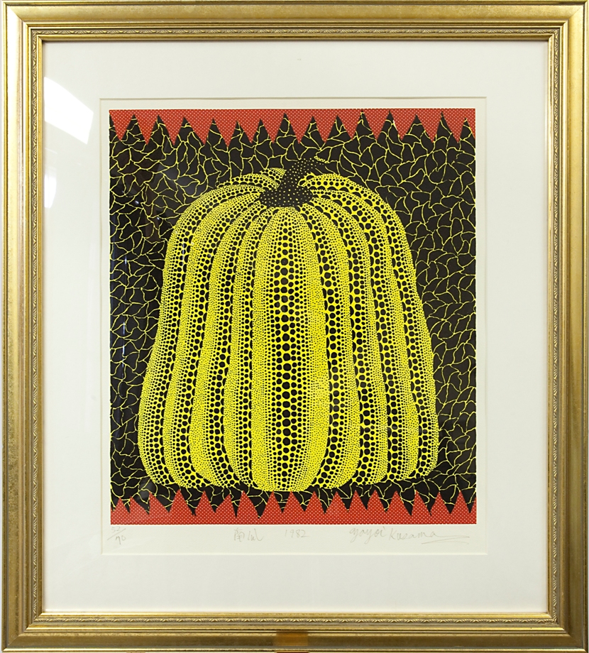 Yayoi Kusama lithograph print of ‘Kabocha’ featuring a yellow polka-dotted pumpkin, numbered 52/70, sold for $9,600. Artingstall & Hind Auctioneers image