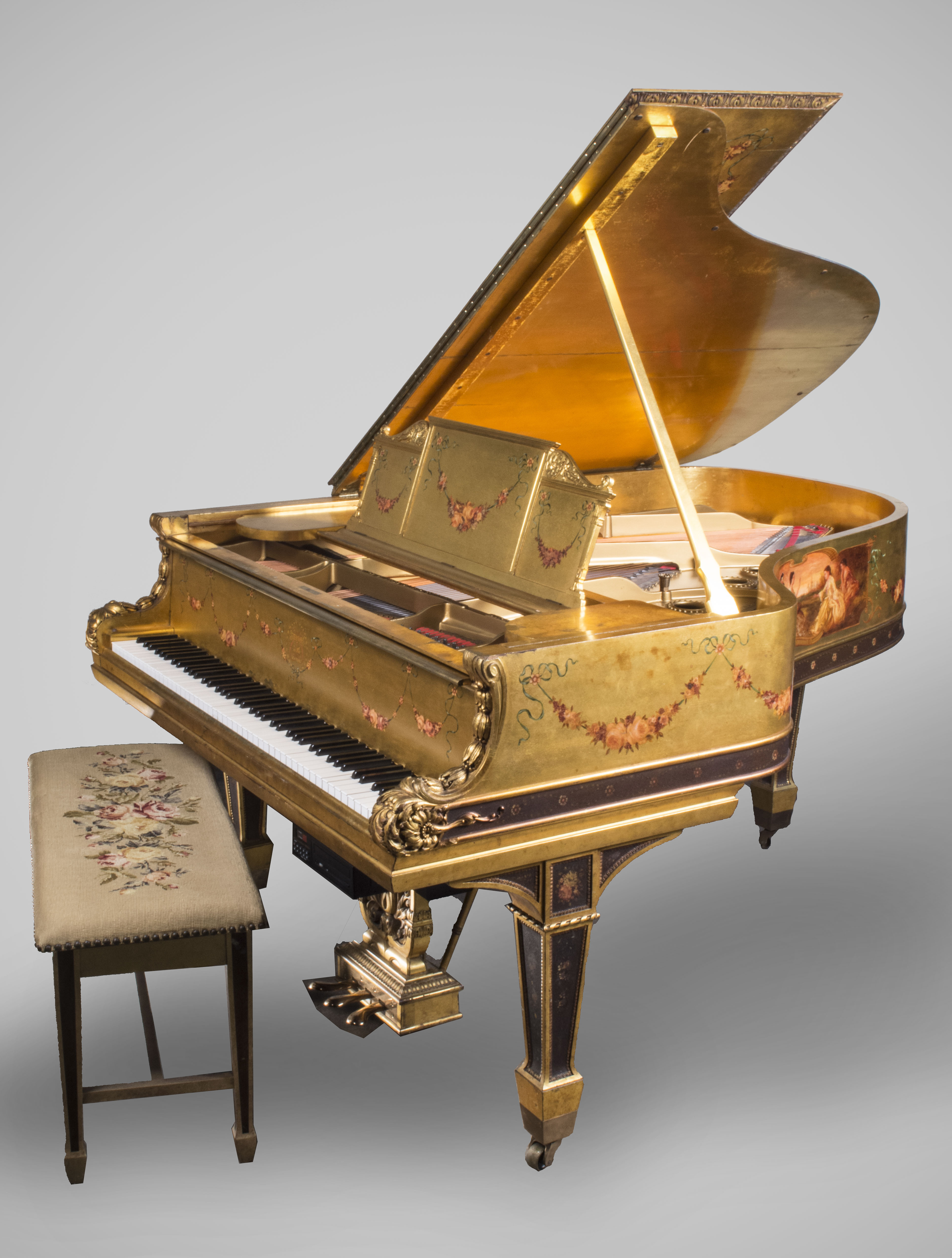 The Vernis Martin case painted with an allegorical scene helped this rare Steinway player grand piano to its selling price of $33,000. Capo Auction image