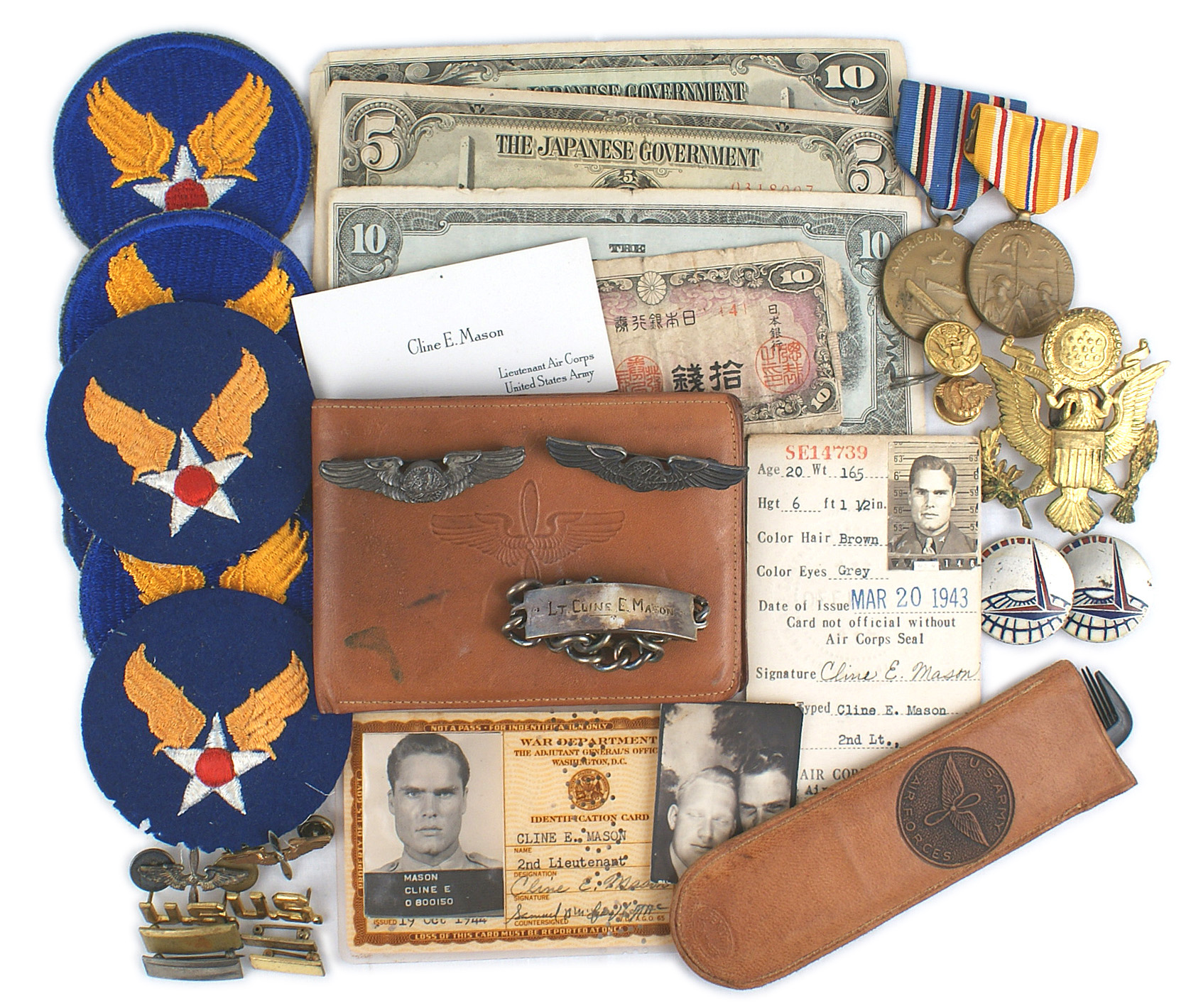 Items pertaining to 1st Lt. Cline E. Mason, who served with the Army Air Force in the China, Burma, India Theater of Operations, include his full uniform and leather jacket (minimum bid: $2,000). Mohawk Arms, Inc. image