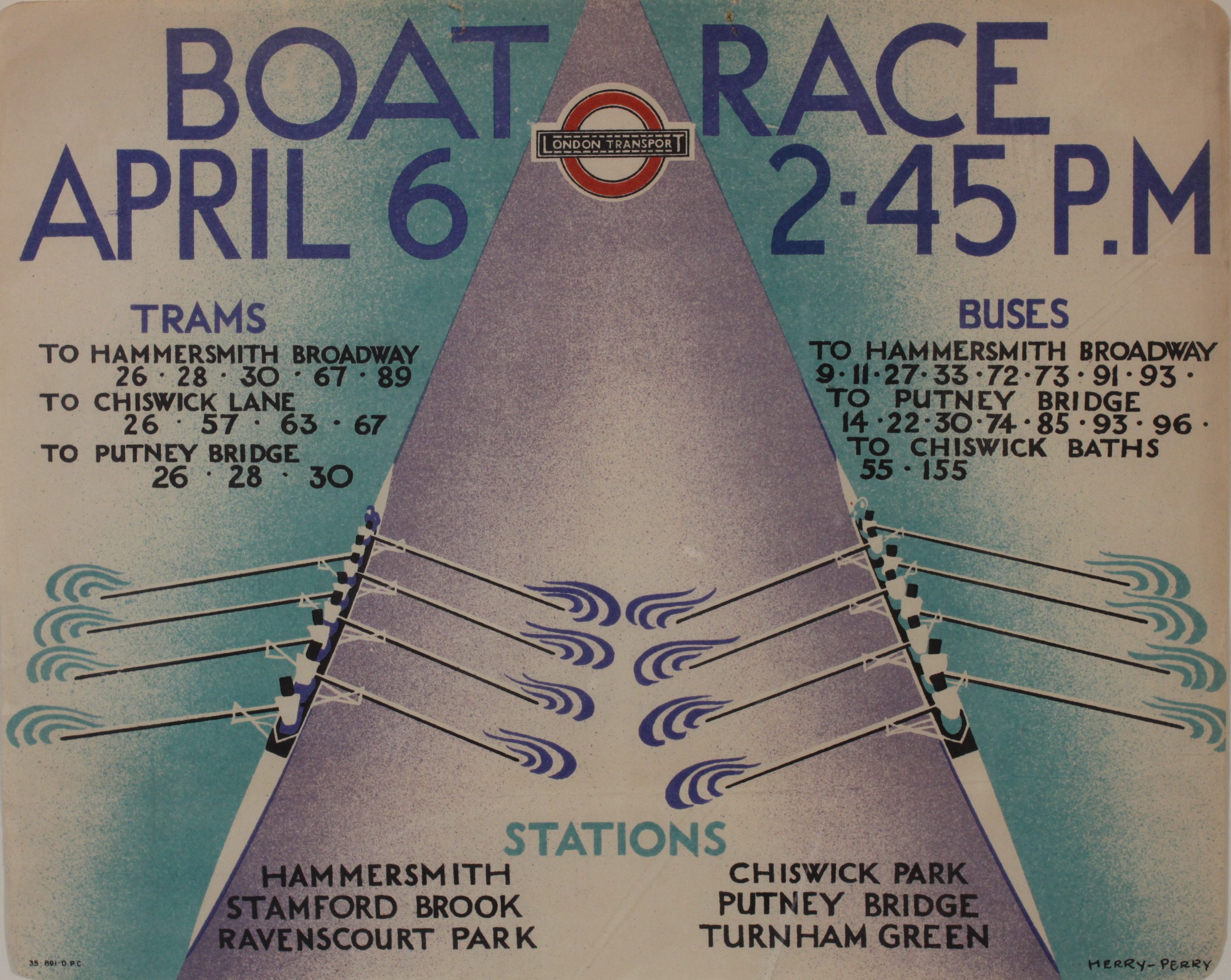 Herry-Perry (Heather Perry 1893-1962) Boat Race, panel poster No 891 printed for London Transport by Dangerfield Press, 1935, 25.5 x 31.8 cm (est. £600-£800). Onslows image