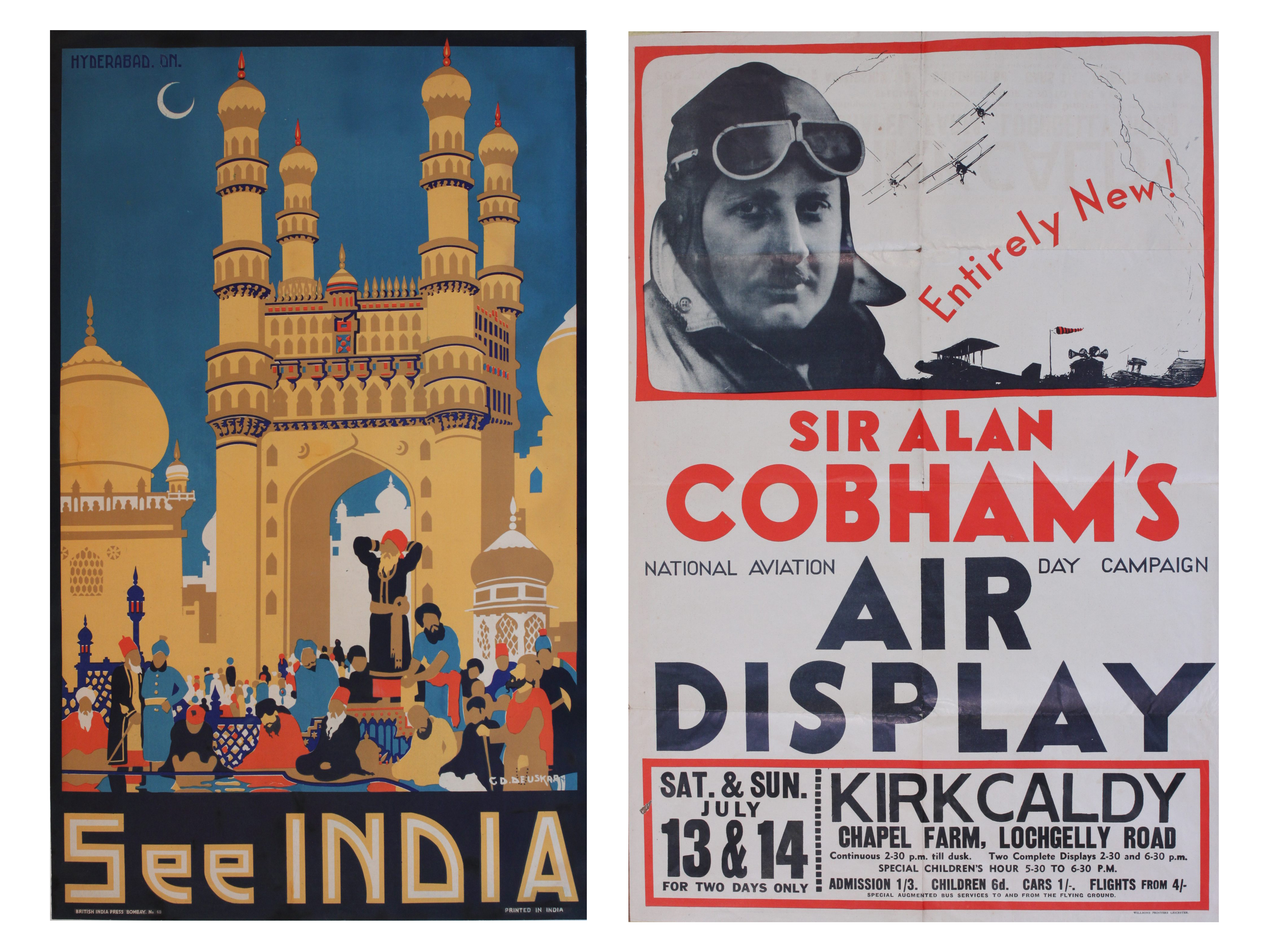 G.D. Deuskar (Gopal Damodar, b. 1911) Hyderabad/See India, printed by British India Press c.1935, 101 x 61 cm (est.  £400-£500) and Sir Alan Cobham's National Air Day Campaign, 1935, original poster, 76 x 51 cm (est. £300-£350). Onslows images