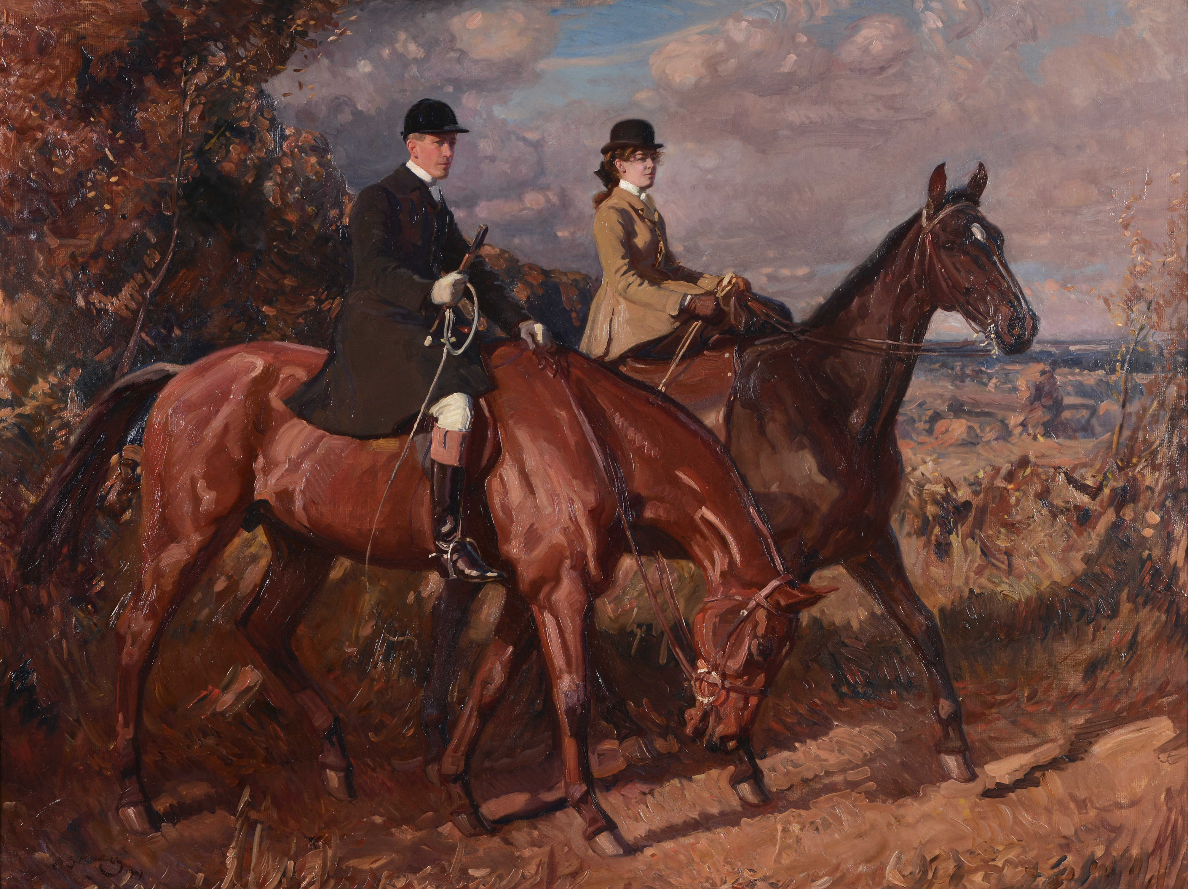 Sir Alfred James Munnings (1878-1959) ‘Going to The Meet, Captain. F.G. Chamberlin and his sister on Household Heath, Norwich,’ oil on canvas, signed and dated A.J. Munnings 1907 lower left, 127 x 167 cm. (50 x 65 1/2 in). Dreweatts & Bloomsbury Auctions image