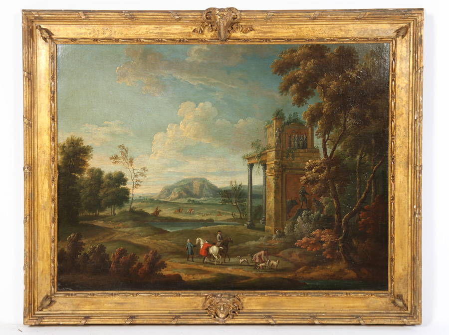 Gaining attention is a bucolic landscape with hunting theme attributed to the British painter Peter Tillemans (est. $4,000-$6,000). Kamelot image