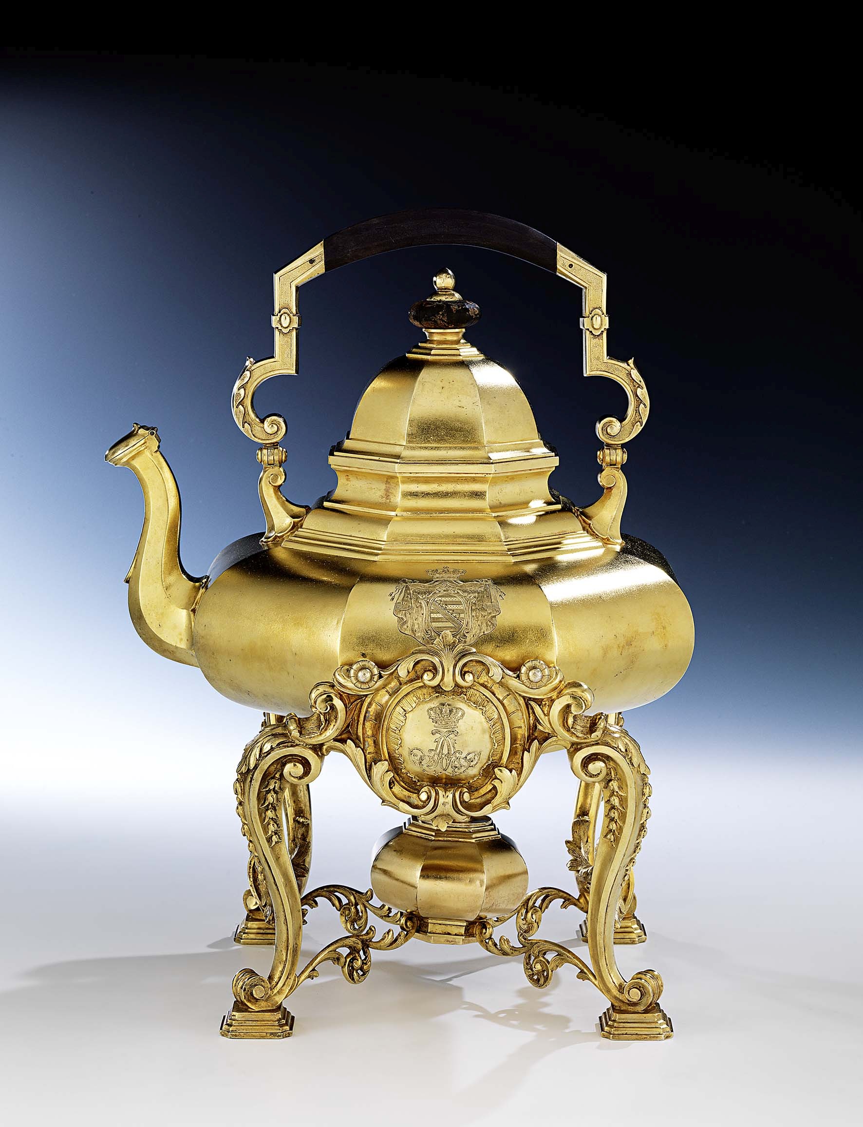 Large vermeil water kettle and chafing stand, Eckert, 1885. Photo courtesy Hampel Fine Art Auctions, Munich