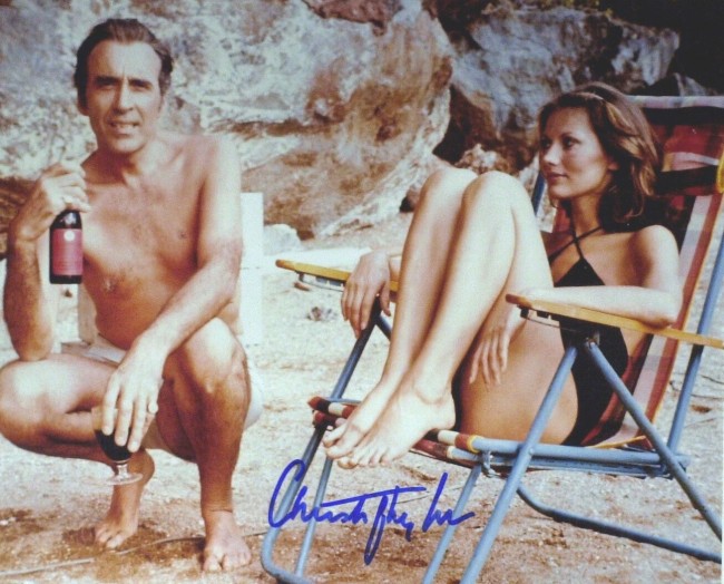 An autographed photo of Christopher Lee with Maud Adams taken during the filming of the 1974 Jame Bond film 'The Man With the Golden Gun.' Image courtesy of LiveAuctioneers.com and The Written Word Autographs.