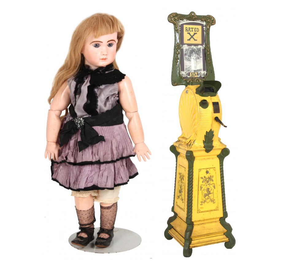 The 31-inch-tall Jules Steiner, Paris, bebe doll has a bisque head, fixed glass eyes and articulated composition body (est. $3,000-$5,000). The Mutoscope viewing machine having a cast-iron case costs a pennry to operate (est. $1,200-$1,500). Fontaine’s Auction Gallery images